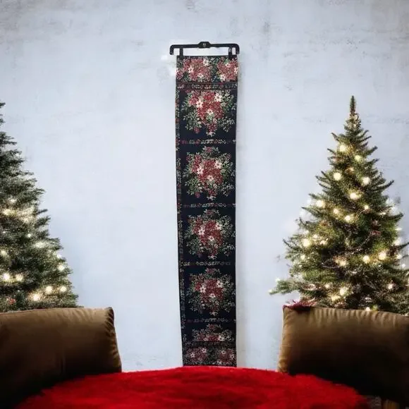 April Cornell Christmas Burgundy Pink Poinsettia Navy Blue Cotton Table‎ Runner