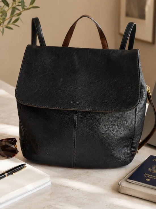 Fossil Preston Black Pebbled Leather Backpack Laptop Travel Bag Flap Closure