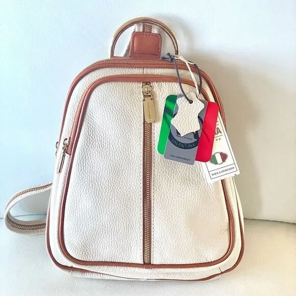 NWT Valentina Genuine Ivory & Tan Pebble Italian Leather Convertible Backpack