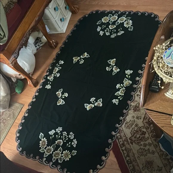 Vintage Hand-Painted Floral Hunter Green Velvet Tablecloth