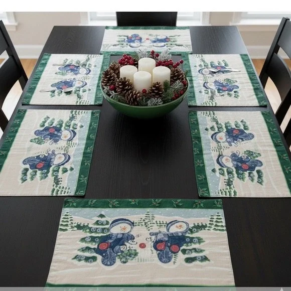 Placemat Set Green Snowman Tapestry Winter Holiday 6pc Cabin‎ Core