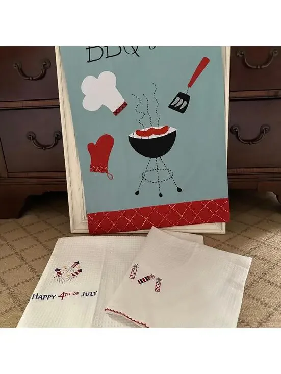Sur La Table Embroidered Appliqué BBQ Time Tea Towel w 2 firecracker dish towels