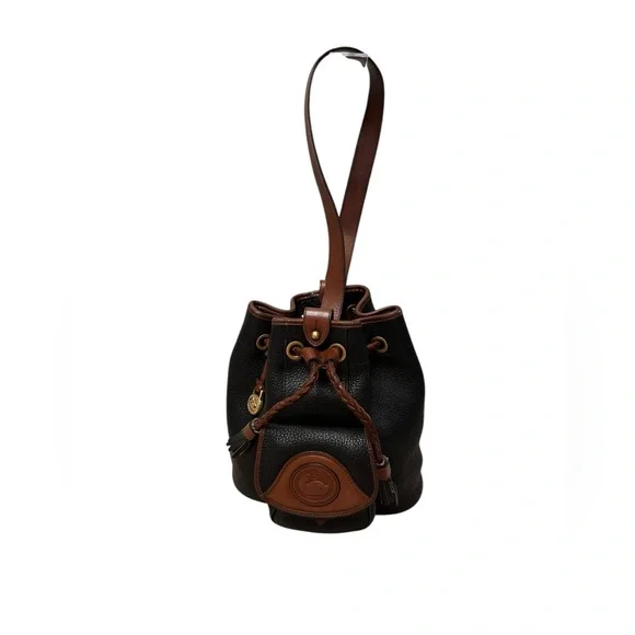Vintage Dooney & Bourke Black w/Brown All Weather Leather Sling Small Backpack