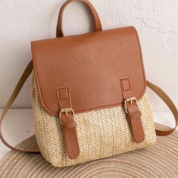 Boho Vegan Leather Straw Mini Backpack