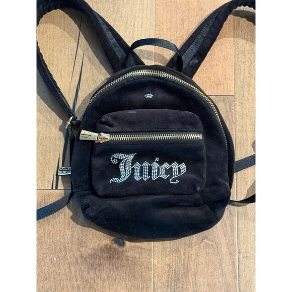 Juicy Couture Obsession Backpack Black Velvet Rhinestone Gold Hardware