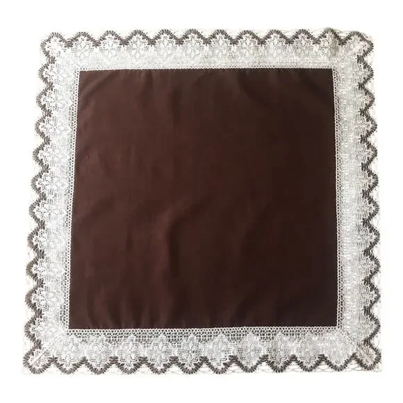 Vintage Brown Table Topper with White Crochet Lace Trim Square Tablecloth