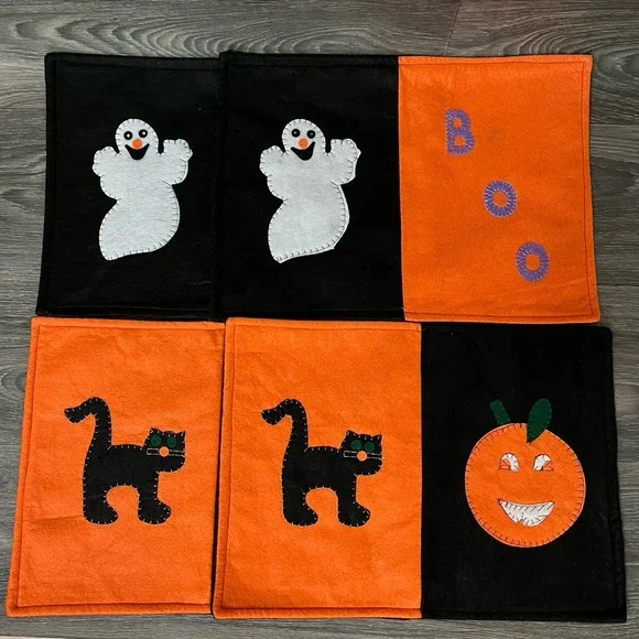 Felt Halloween Placemats Lot Of 4 Cat Pumpkin Ghost Boo 17