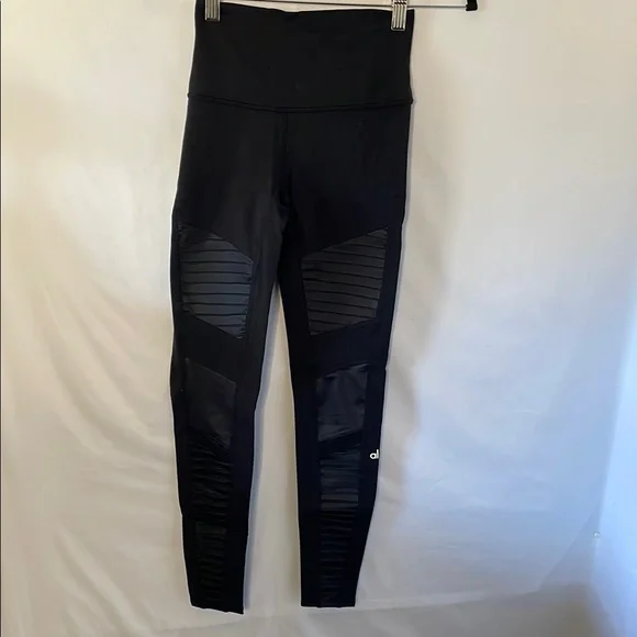 Alo Black Leggings with Ribbed Accents moto style sheer mesh