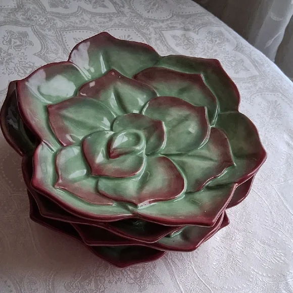 Set of four (4) Sur La Table green with reddish appetizer plates