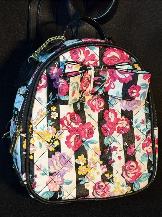 Betsey Johnson Black & White Striped with Floral Mini Backpack with Bow LIKE NEW