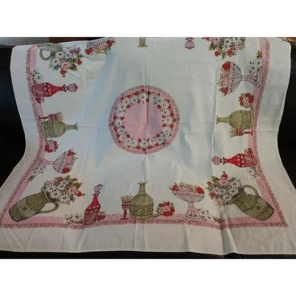 Vintage Cotton Tablecloth W/Floral &Vase Design Pink Green White 46-1/2