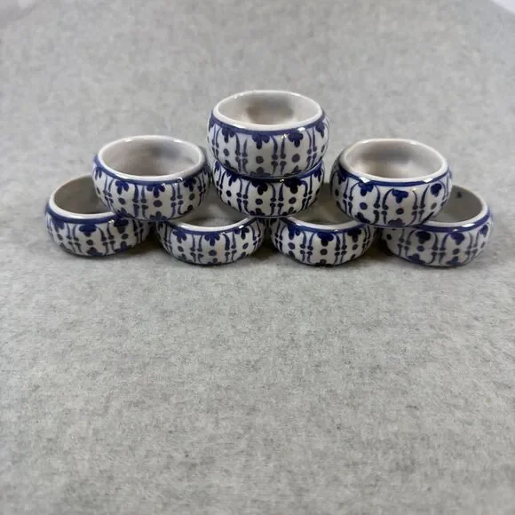 Set of 8 Vintage Ceramic Napkin Holders Blue and White Design