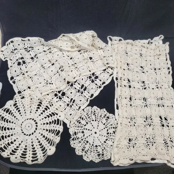 Crochet Doily Set Cream Vintage Floral Lace 5 Piece Mixed Lot