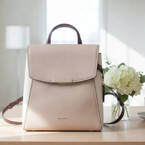 Kate Spade Grace Medium Backpack Beige Colorblock Leather Flap