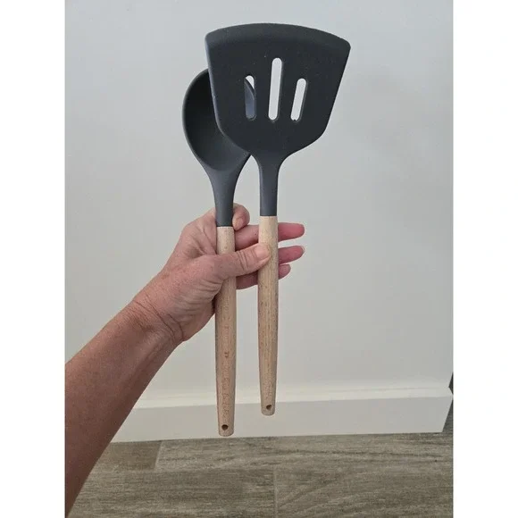 Sur La Table 2 Piece Silicone Utensil Set Gray Wood Handle Spoon Spatula