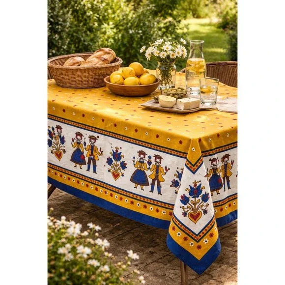Vintage Made in Austria Cotton Tablecloth Mustard Yellow Folk Art Figural Border