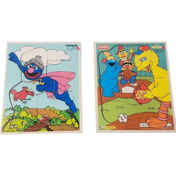 Lot - 2 Vintage Playskool Super Grover Puzzle & Sesame Street Big Bird 70's 90's