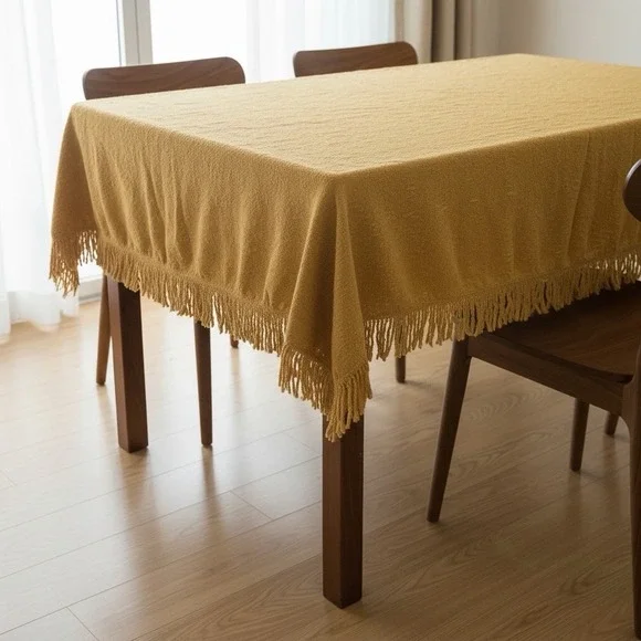 Vtg MCM 60s Boho Gold Fringe Tablecloth Textured Rectangle 84