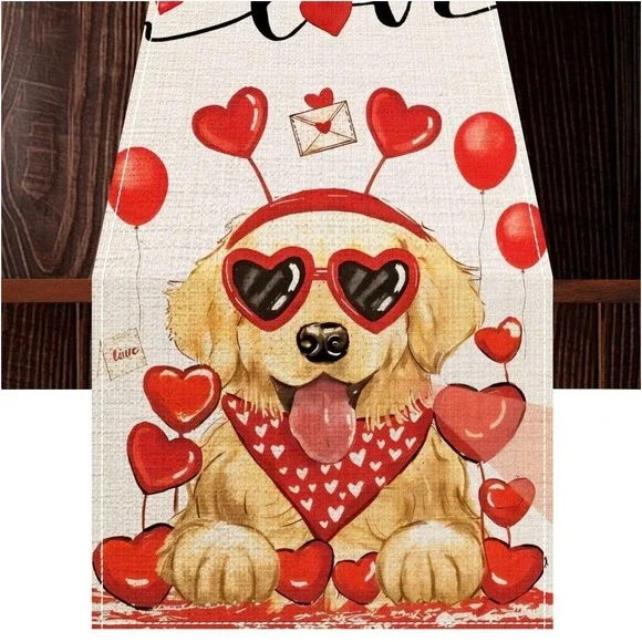 Happy Valentine's Day Golden Retriever Dog Table Runner Hearts Cute‎ New