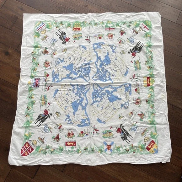 CANADA MAP With Major Landmarks Vintage Souvenir Tablecloth 3.5' Square White