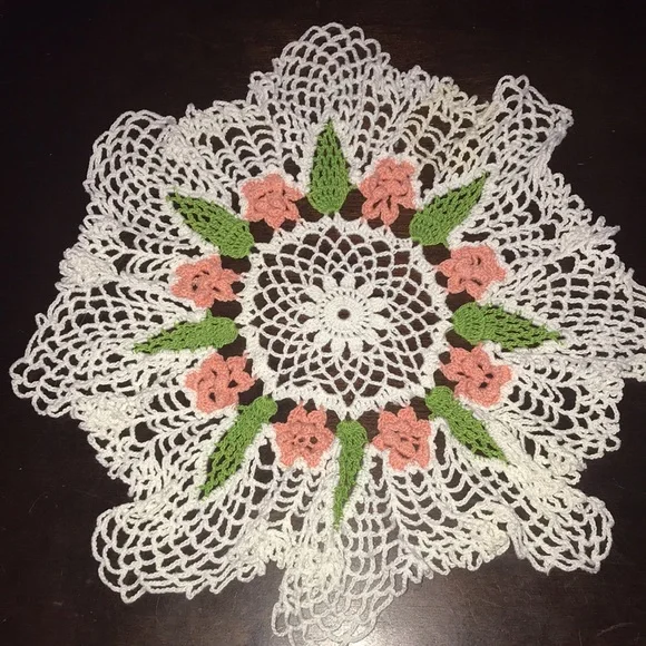 Handmade Hand Crafted Crocheted 15” Doily with Pink Flowers and Green Leaves