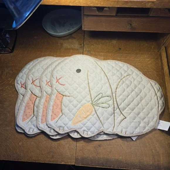 Four Bunny Shaped Cloth Placemats Embroidered Rabbits with Carrots 17