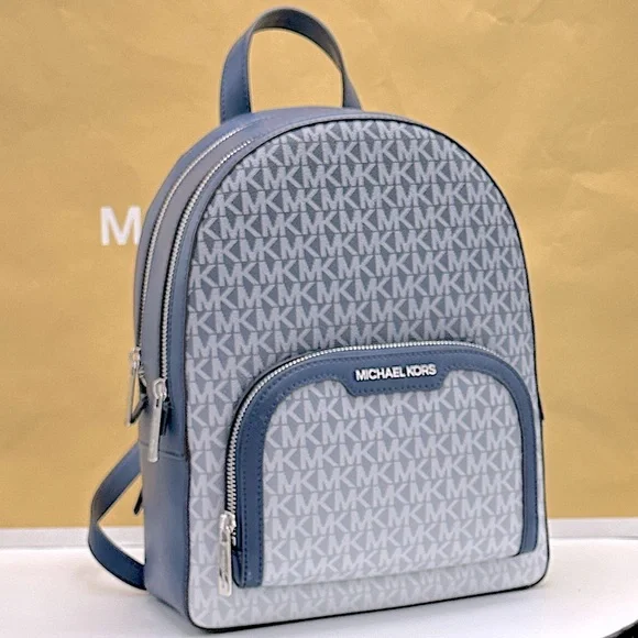 MICHAEL KORS Jaycee Medium Ombré Signature Logo Zip Pocket Backpack Navy NWT