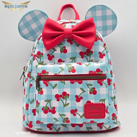 Loungefly Disney Minnie Mouse Gingham Cherry Blue Mini Backpack Bag New