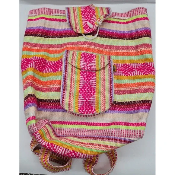 PINZON Woven Striped Backpack Colorful Hippie Boho Drawstring Travel Bag‎
