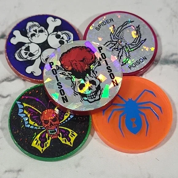 90s Pogs Poison Thick Plastic Slammers Lot Of 5 Holographic Skulls Spider