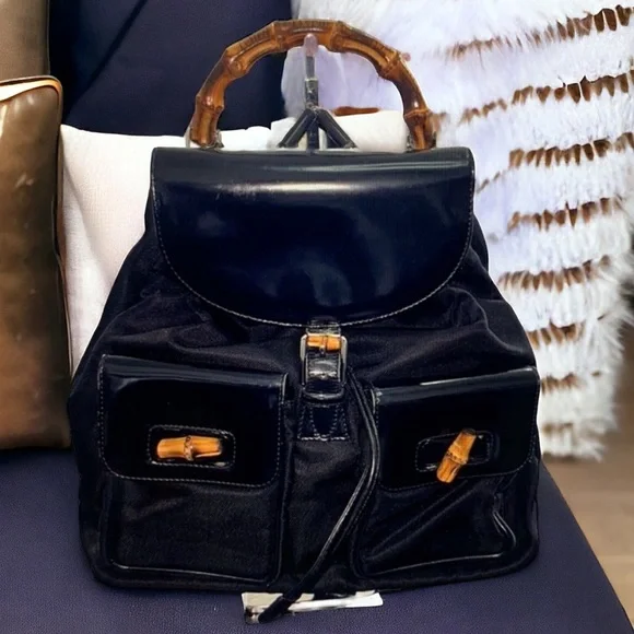 GUCCI Bamboo Patent Leather/Canvas Backpack Black with Dust Bag vintage
