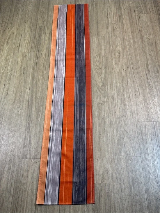Striped Table Runner - Orange, Gray, Red Tones, 13” x 70”, Cotton & Rayon