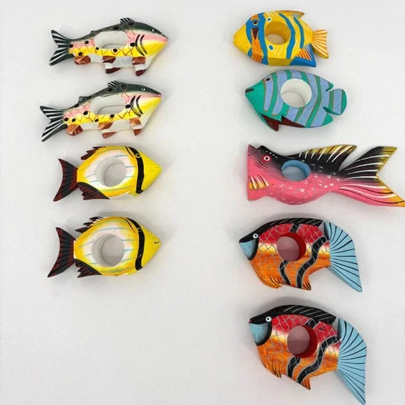 Vintage Hand Painted Wooden Fish Napkin Rings Tropical Nautical Set of 9