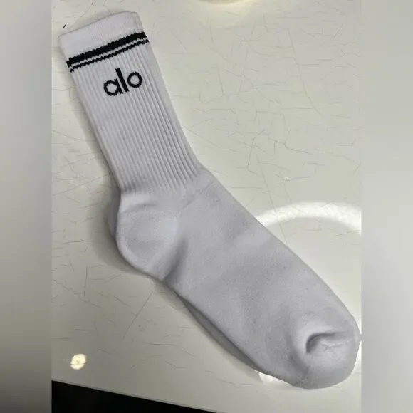 ALO Yoga White Athletic Socks with Black Stripe tall