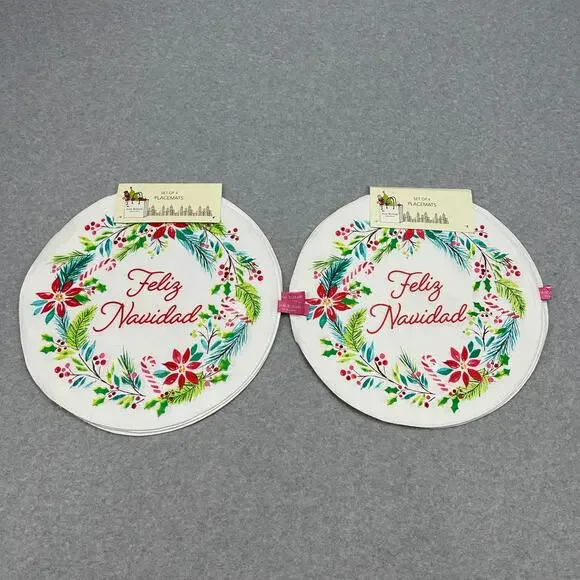 Isaac Mizrahi Placemats Feliz Navidad White Christmas Botanical 4 Round Cotton