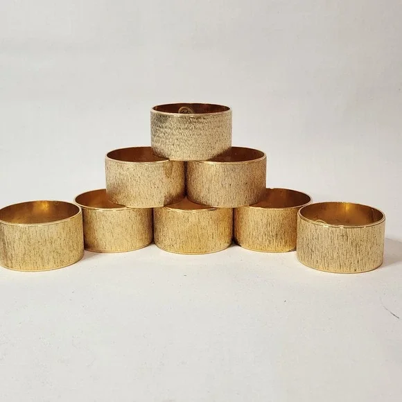 Vintage‎ Gold Tone Brushed Texture Napkin Rings Set of 8 MCM Made in Hong Kong