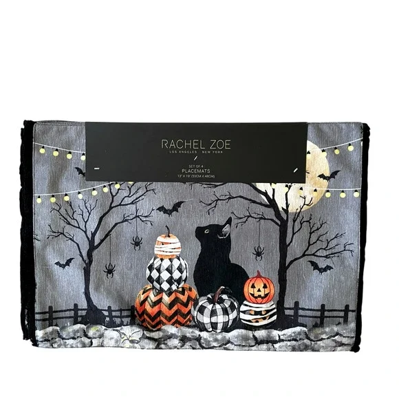 Rachel Zoe MACKENZIE CAT Halloween Placemats 13x19 Set of 4 New