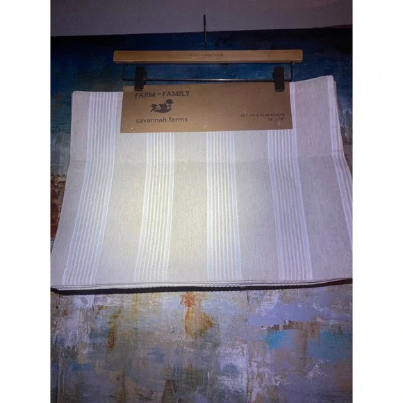 Savannah Farms Farm to Family Placemats Set of 4 Cream Tan Striped 14x19‎ Cotton