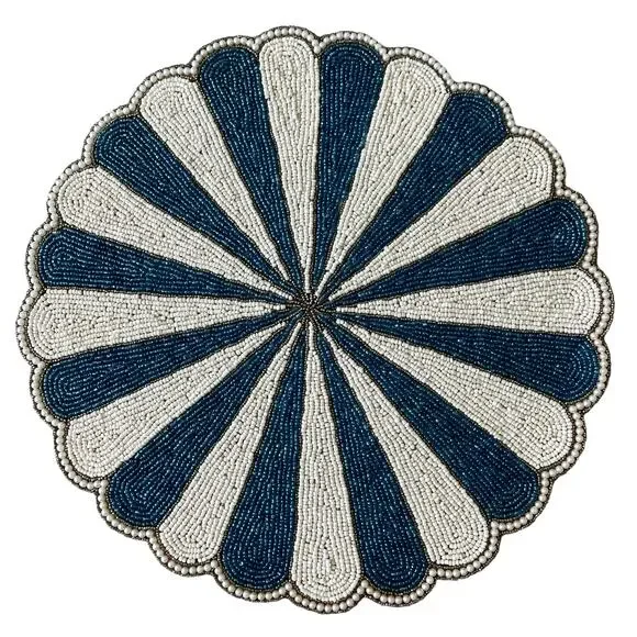 TIRAMISU Hand Glass Beaded Placemat Charger Round Scalloped Edge Blue Cream NEW