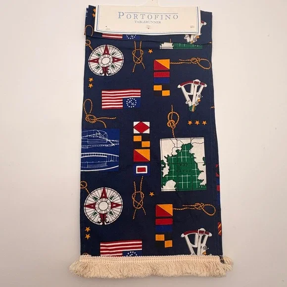 Portofino Yacht Club Table‎ Runner Navy Blue Nautical Fringe 13x54 NWT