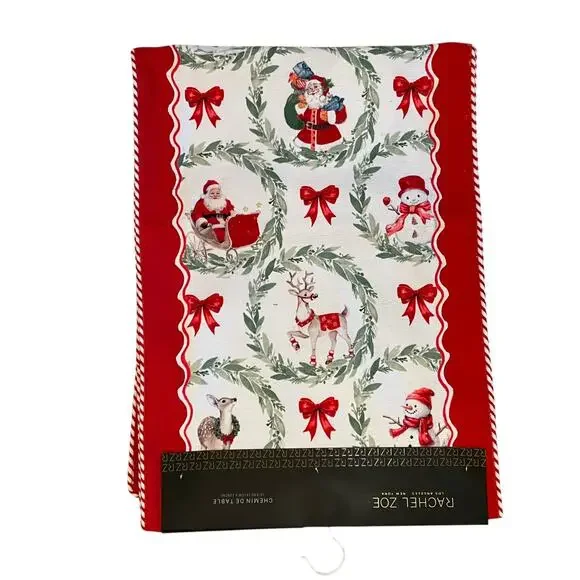 RACHEL ZOE Christmas Table Runner 16x90 Santa Bow Wreath Holiday Red White New