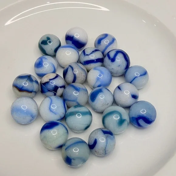Vintage Blue & White Swirl Glass Marbles Lot (~25) – Vitro Style – Mixed Cond.