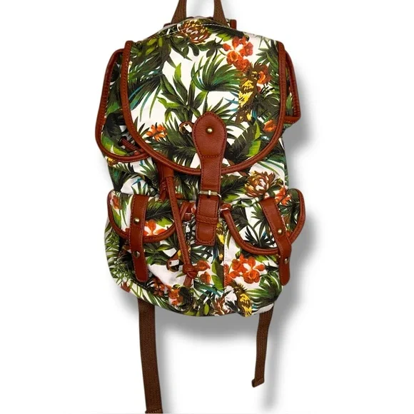 Tropical Backpack Colorful Green White Tan Brown Faux Leather Trim Travel School