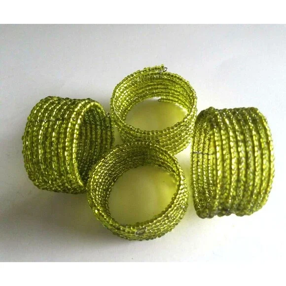 Vintage French Handmade Micro Beaded Napkin Rings set of 4  Lime Green Coiled