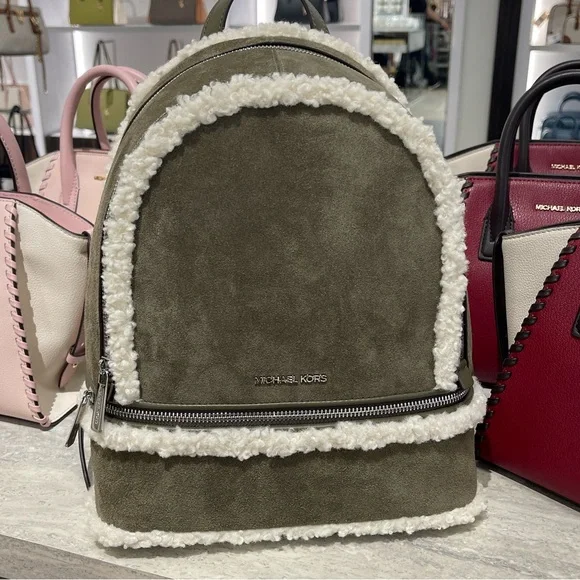 MICHAEL KORS Rhea Medium Suede and Faux Shearling Backpack Olive NWT