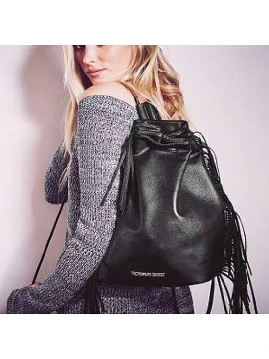 Y2k Victoria’s Secret Black Faux Leather Drawstring Tassel Backpack