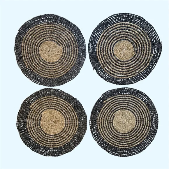 Decmode Round Striped Gray and Natural Seagrass Woven Placemats ~ Set of 4
