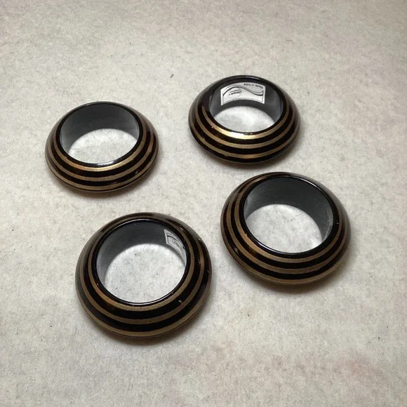 Simplex International Napkin Rings Set of 4 Black Gold Striped Made in India