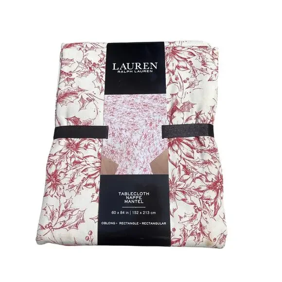 Lauren Ralph Lauren Christmas Tablecloth NEW Poinsettia Cotton 60x104 Preppy