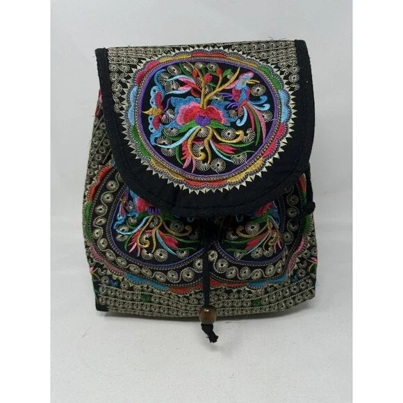 Hand Embroidered Colorful Vibrant Backpack 13x9 inch w/Adjustable Straps